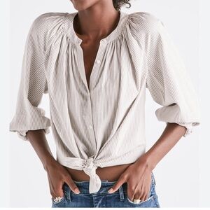 LUCKY BRAND POET Striped Blouse Size Small Gray White Button Down 3/4 Sleeve EUC